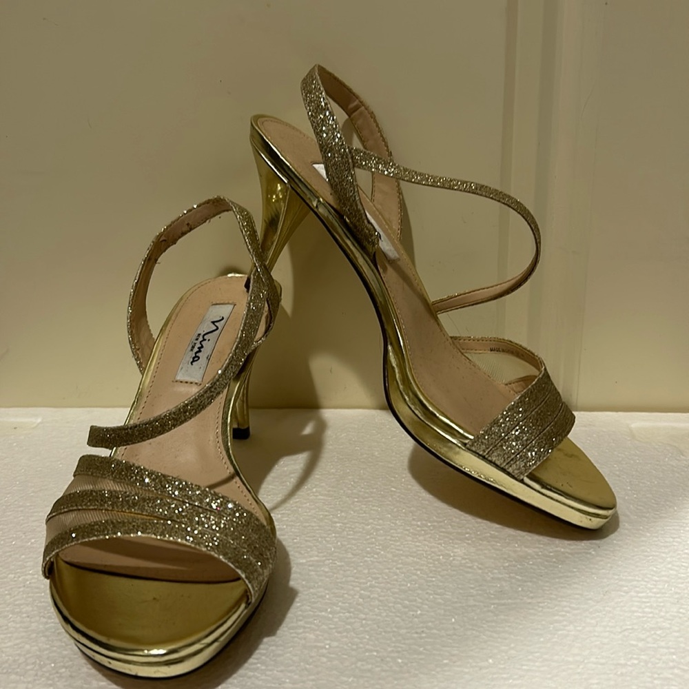 Nina womens Gold Glitter Strappy stilettos pumps sandals open toe heels size 8.5